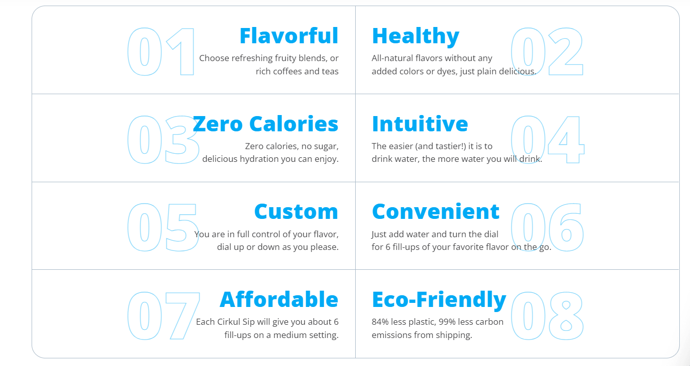 Cirkul list of benefits flavor, healthy, zero calorie, intuitive, custom, convenience, affordable, eco-friendly